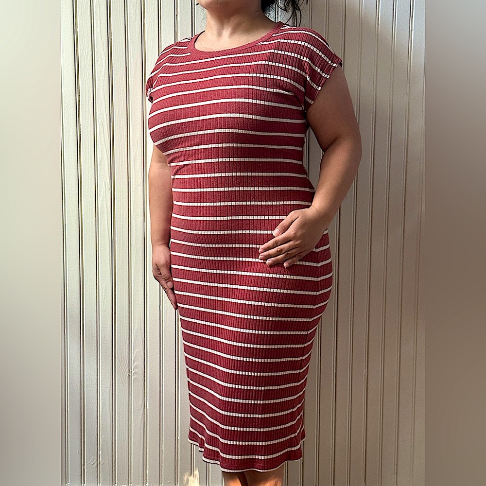 LOFT Stripe Ribbed Belted Midi Dress